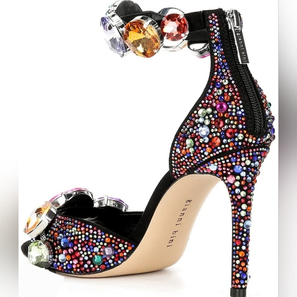 Gianni Bini Dress Sandals 7 Black Suede Oaklynn Chunky Jewel Ankle Cuff New $160 - Picture 11 of 17